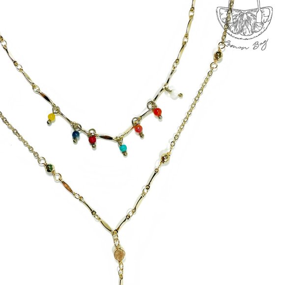 Double Multicolor Beaded Gold Color Necklace - Picture 2 of 3